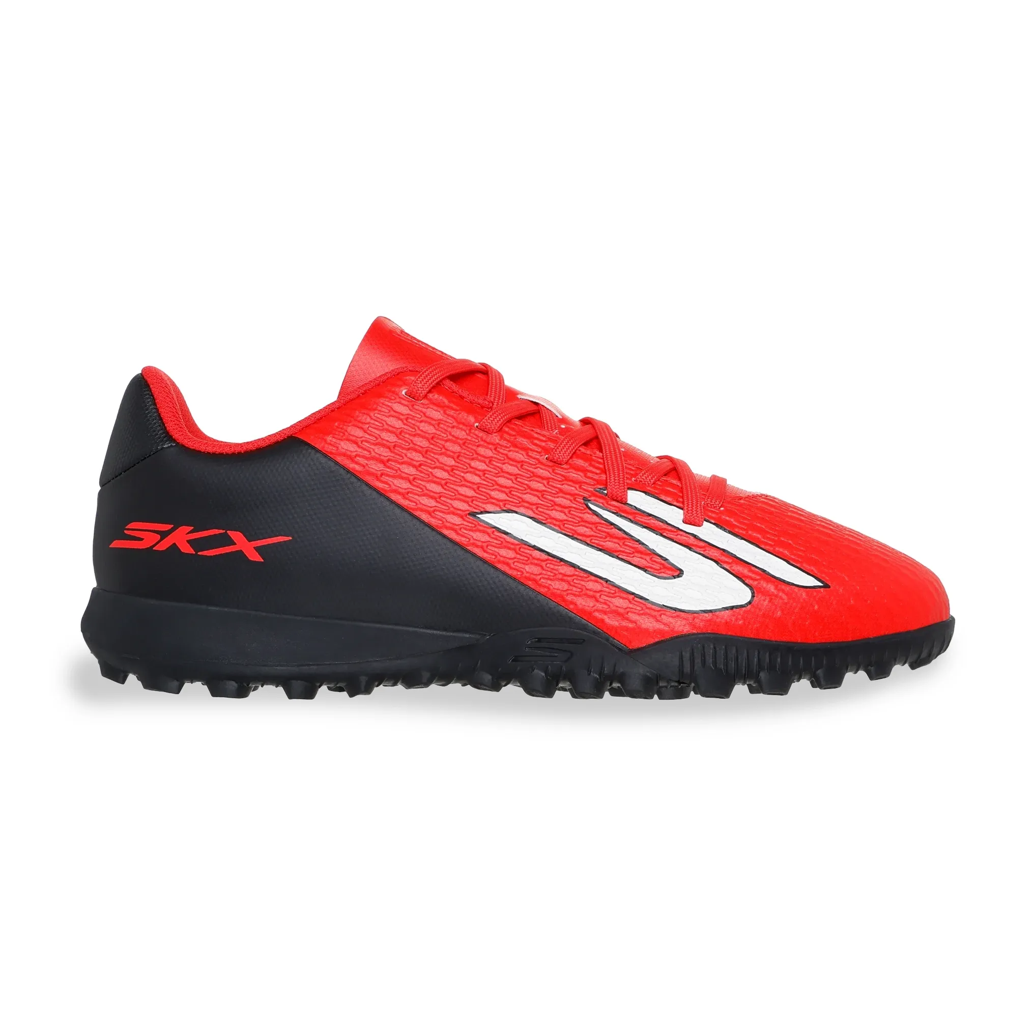Chuteira de society juvenil vermelho e preto Skechers com detalhes em relevo e solado de borracha
